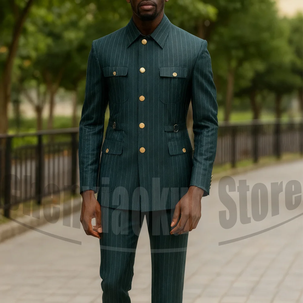 

Men's Striped Suit Set Fashion Single Breasted Multiple Pockets Outfit Formal Business Casual Slim Daily Male Suit 2 Piece