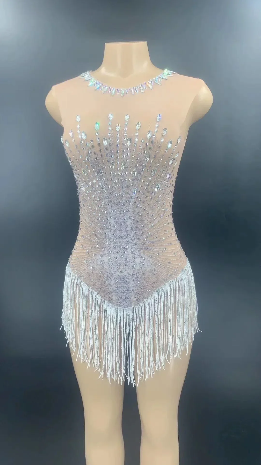 Nu brilhante cristal strass borla sexy sem mangas bodysuits para mulheres boate dj roupas de baile palco trajes cantor