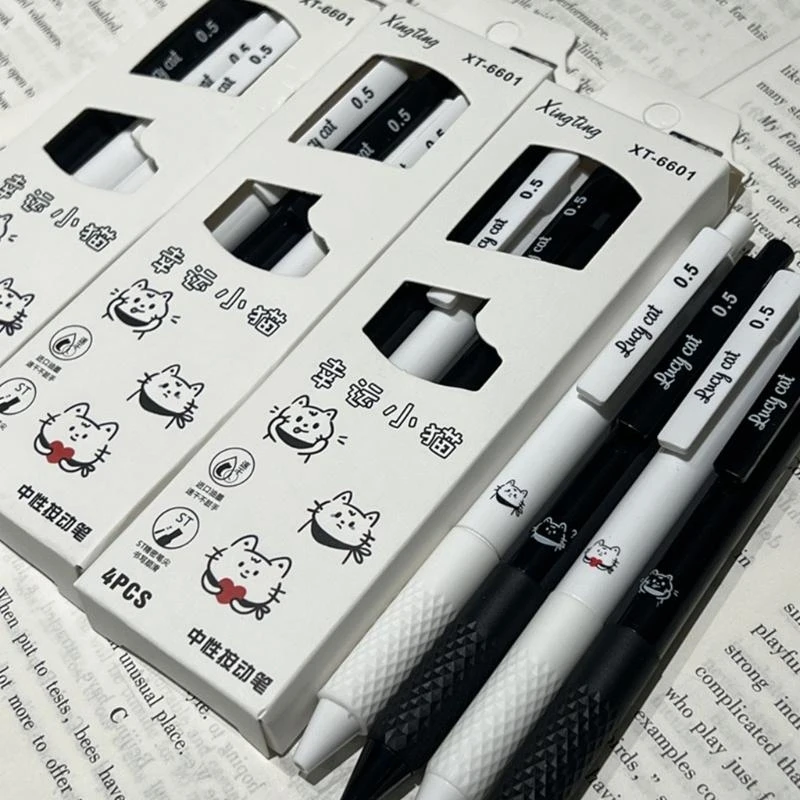 4 PCS 0,5mm Gel Pen Lucky Kitten Pen trung tính có thể thu hồi mực đen Gel Pen đáng yêu Bút Bút để viết nhật ký
