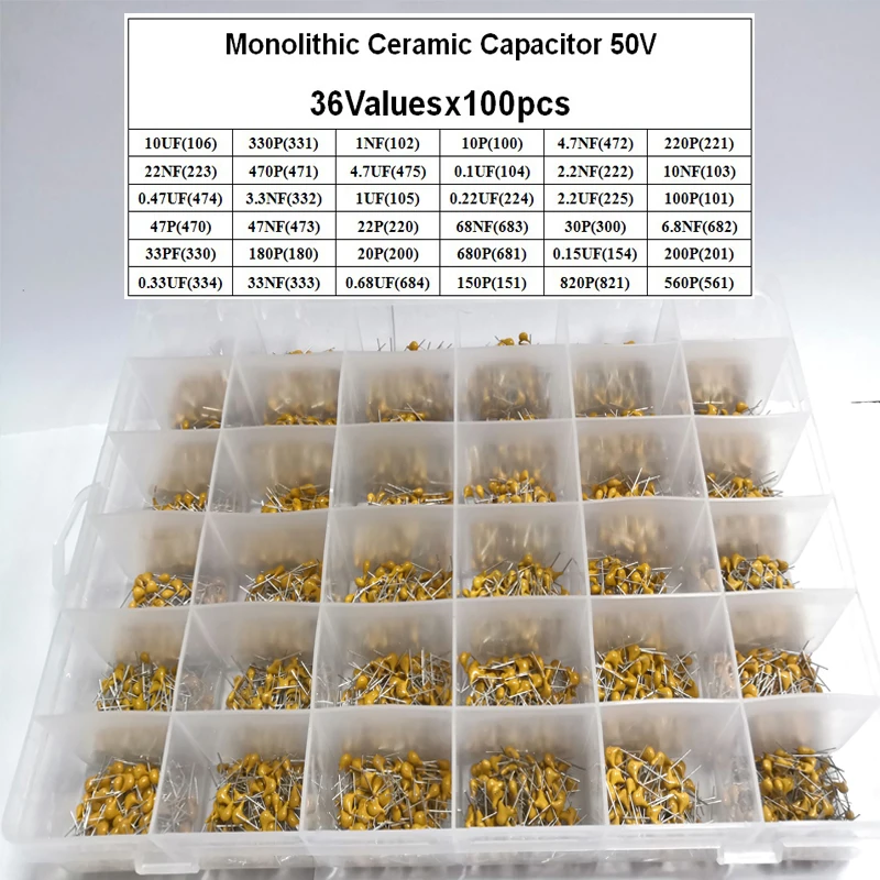 

36values*100pcs =3600pcs Monolithic Ceramic Capacitor 10pF~10uF,ceramic capacitor Assorted Kit 1UF 100NF 330NF 0.1UF 102 104 105