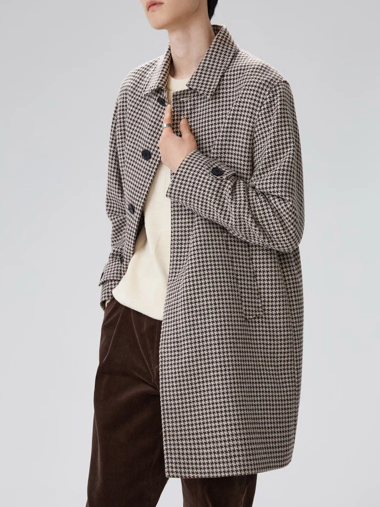 Retro Bird Pattern Woolen Coat Men's Mid-Length Turn-down Collar Classic Style Outerwear Urban Youth Winter JacketYY246