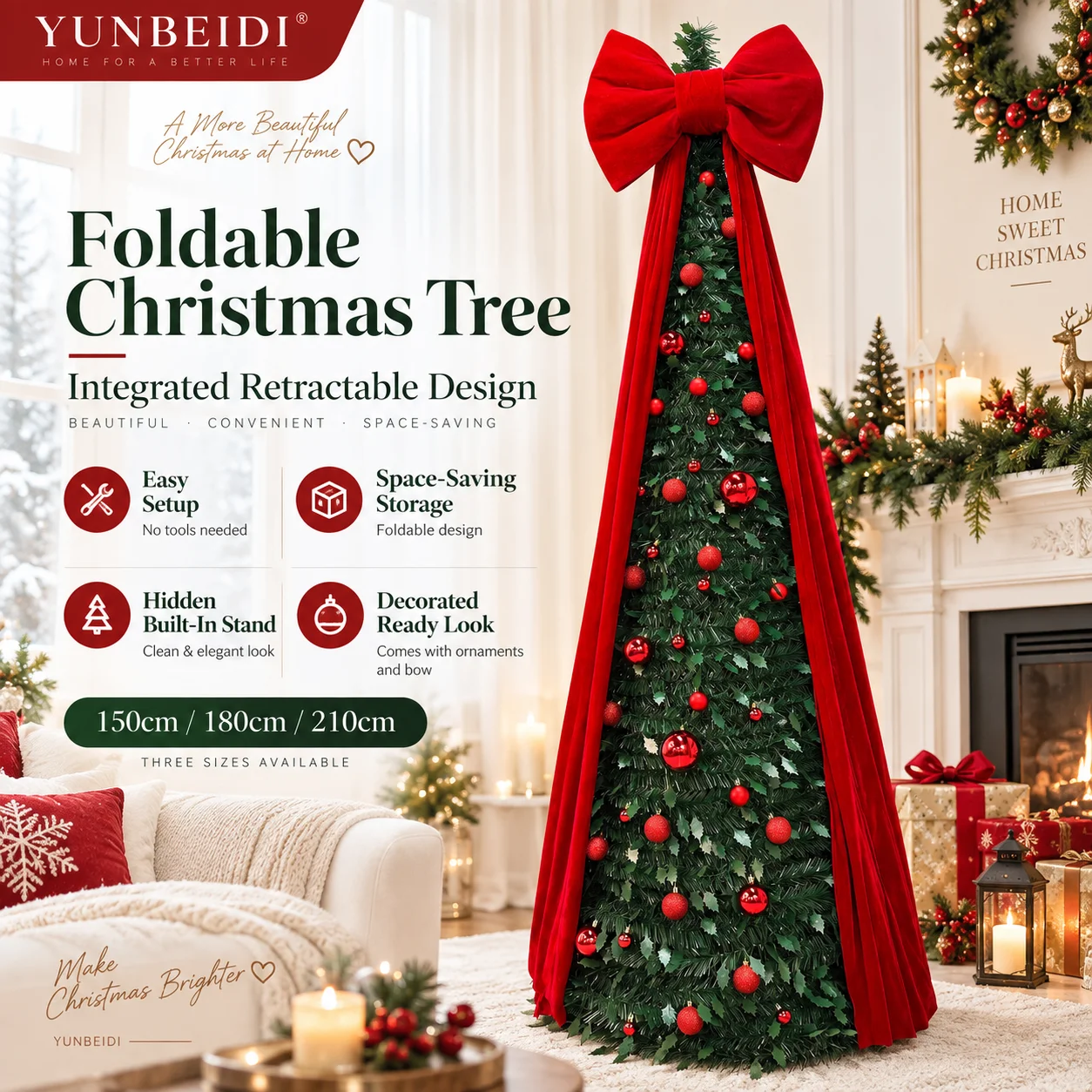 Foldable Artificial Christmas Tree Integrated Design Red Bow with LED Lights 1.5M - 2.1M Xmas Tree Family Parties Festive Decor