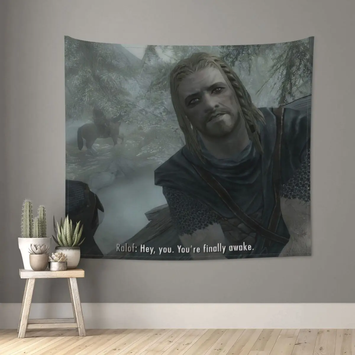 Hey You Youre Finally Awake Skyrim Meme Tapestry Bohemian Polyester Wall Hanging Wall Decor Yoga Mat Retro Tapestries