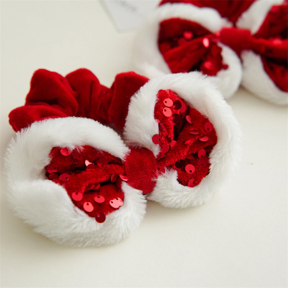 Bow Red Plush Scrunchies Sequin Christmas Style Hair Rope Ponytail Holder Hair Tie Xmas DIY Hair Bow Large Intestine Hair Ring