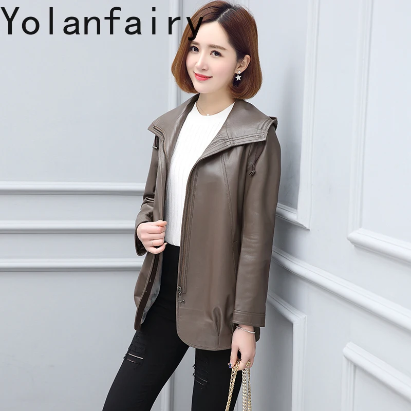 YOLANFAIRY Vera pelle di pecora Genuino Giacca di Pelle Delle Donne di Autunno della Molla Con Cappuccio Giubbotti di Pelle Donna Chaquetas De Cuero Para Mujer