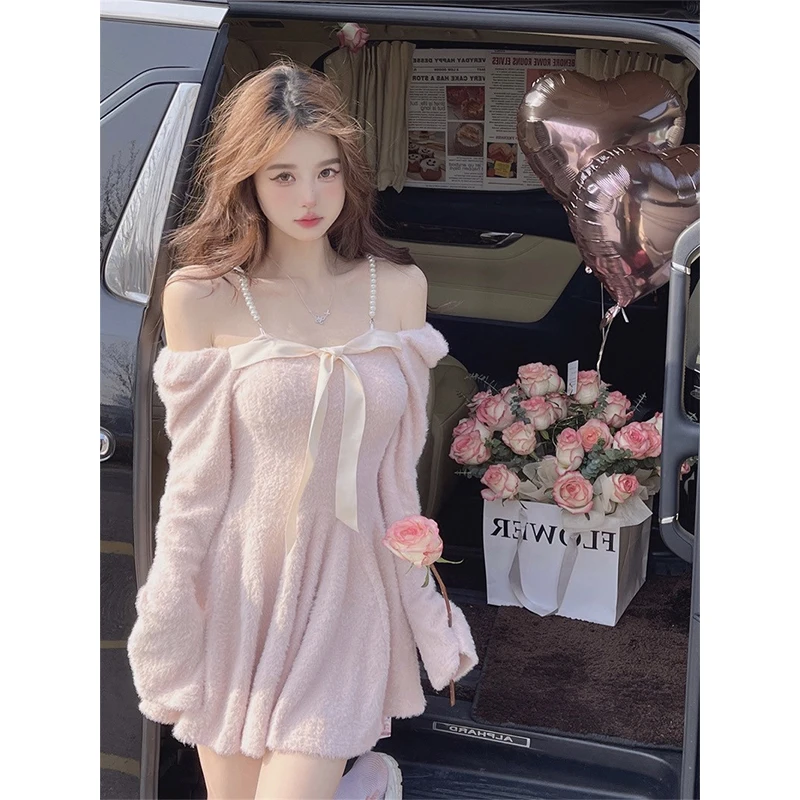 Kawaii Rosa Mini Kleid Frauen Mode Party Sexy Slash Neck Kette Kleider Winter Y2K Koreanische Langarm Bodycon EINE Linie Vestidos
