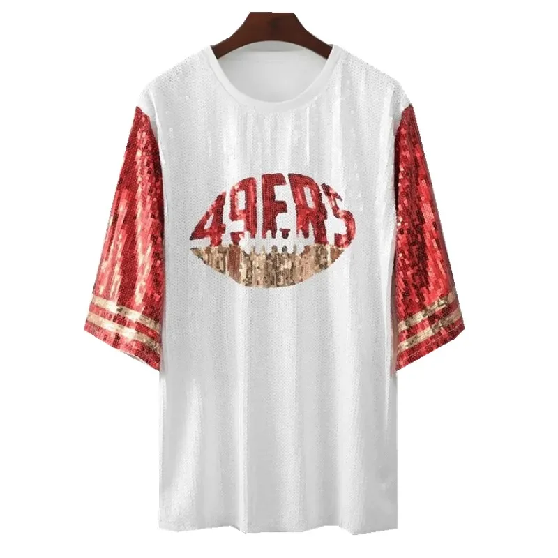 

CHIC New Europe US Hiphop Girls Street Wear Football Patchwork Red Sleeves Women Sequined T-shirt Top Casual Punk Long Tee Dress