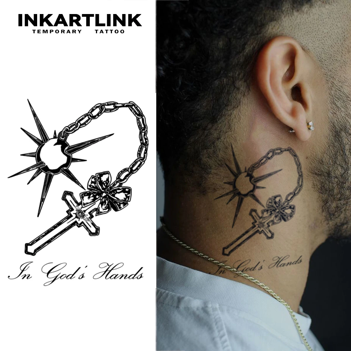 Spiked Ring Chain Cross Bow Temporary Tattoo,INKARTLINK Brand,Temporary Tattoo Waterproof Semi Permanent Sticker