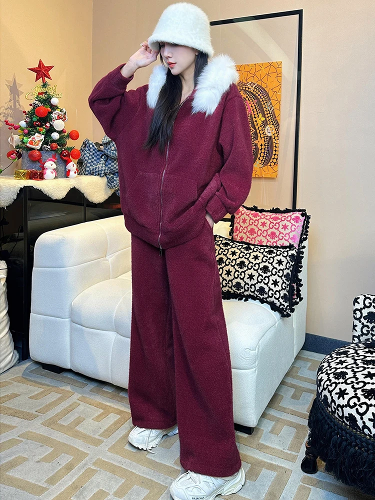 ファイオナブルな大きなファー襟のカジュアルセーターとワイドレッグパンツのツーピースセット、女性用秋冬レジャー服