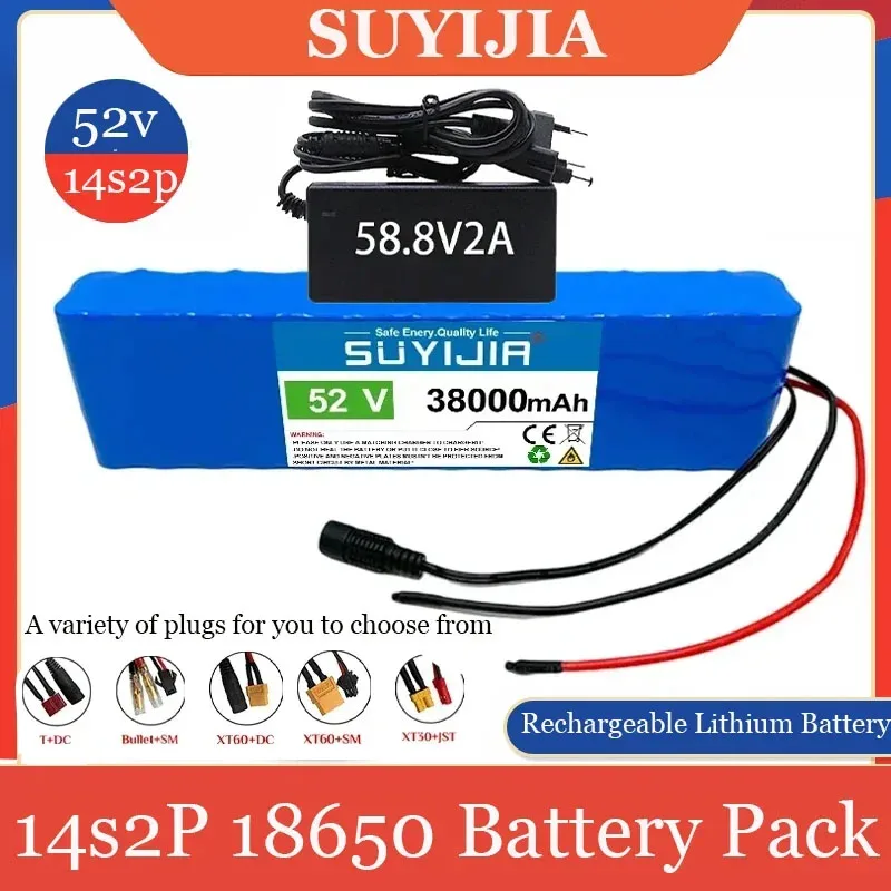 Baterai Lithium daya 18650 14S2P 52V, baterai Lithium isi ulang kapasitas sebenarnya 38000mAh BMS bawaan + pengisi daya 58.8v