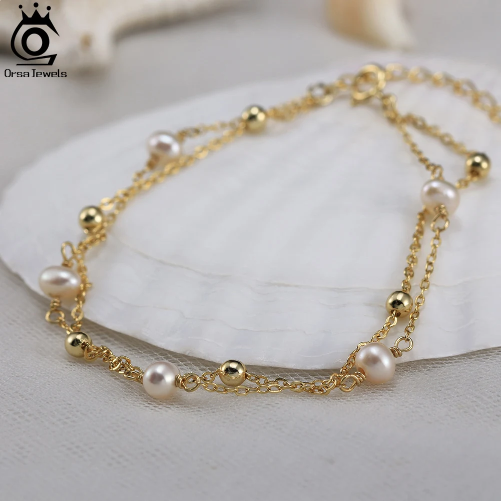 ORSA JEWELS 925 Sterling Silver Natural Baroque Pearls 14K Gold Bracelet for Women Chain Fashion Vintage Fine Jewelry GPB32