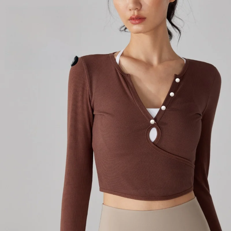 نينغبو المرأة طويلة الأكمام اليوغا تي شيرت تويست مشبك العميق الخامس الرقبة اللياقة البدنية الجري العلوي التجفيف السريع الخريف الشتاء ملابس رياضية