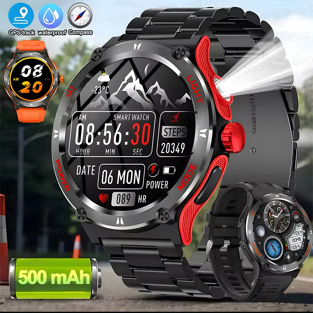 2024 New Outdoor Military Smart Watch Men LED light AMOLED HD Screen Heart Rate Compas Bluetooth Call 3ATM Waterproof smartwatch