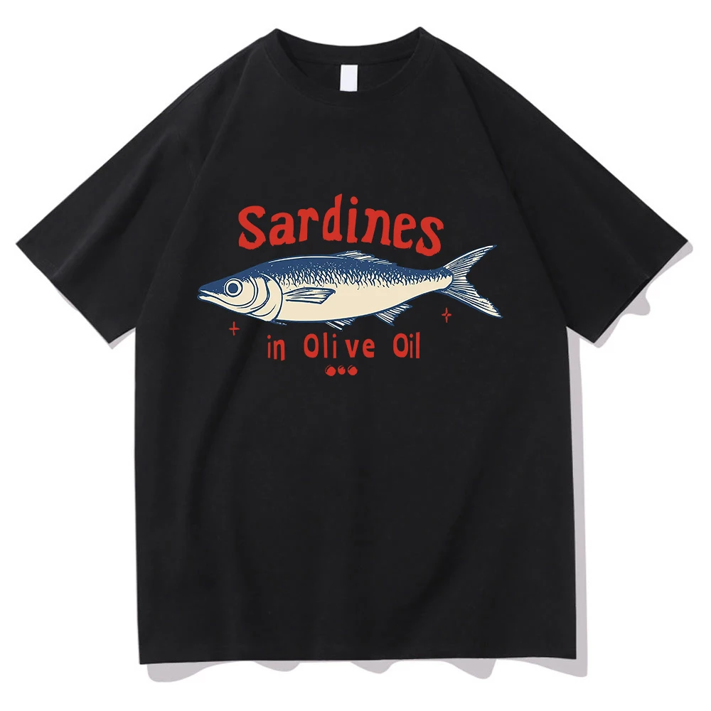 Sardinas en aceite de oliva rojo azul este hombre camiseta divertida hombres/mujeres ropa camiseta verano algodón gráfico camisetas transpirable Top