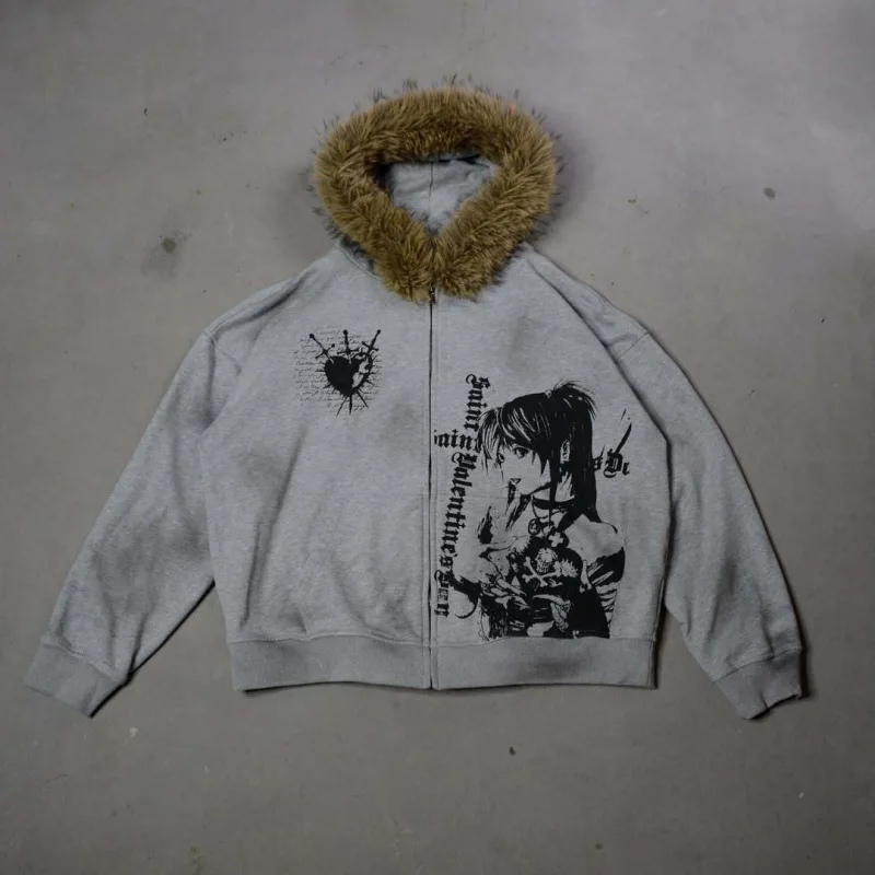 سويت شيرت بغطاء للرأس بياقة فرو مطبوعة على الطراز الأوروبي والأمريكي، قميص للجنسين، سترة بتصميم هاراجوكو داكن