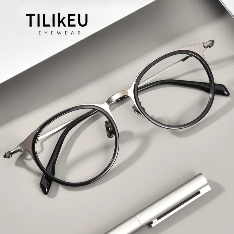 

New Pure Titanium Ultralight Retro Round Glasses Frames Designer Men Eyeglasses R-type Temple Comfort Wear, Customizable Lenses