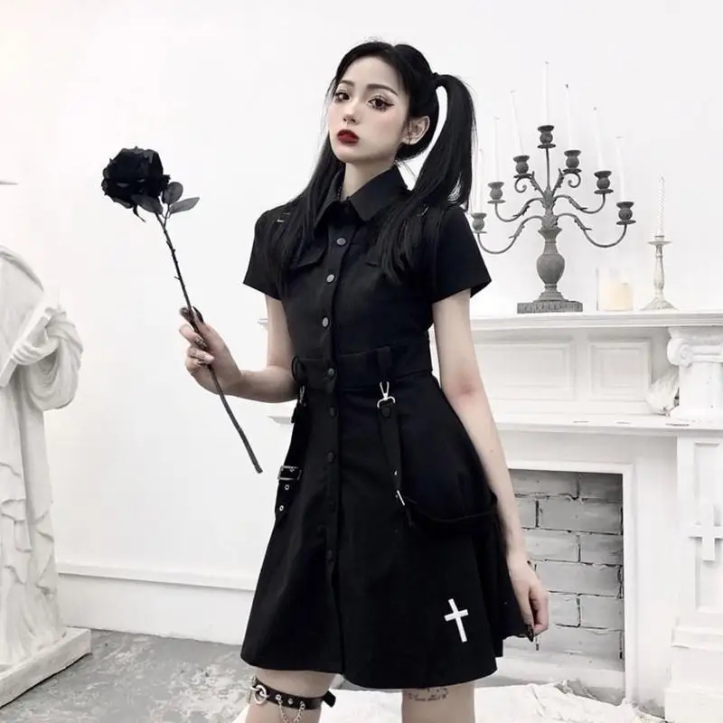 

31BF женское готическое мини-платье-рубашка с короткими рукавами и лацканами и галстуком в стиле Харадзюку, ремни с пряжкой для