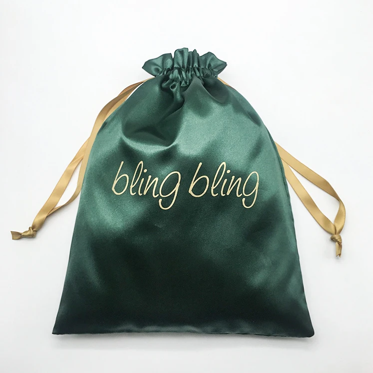 

Green Satin Gift Bags Packaging Hair Jewelry Silk Drawstring Pouches with Ribbon Luxry Makeup Cosmetic Shoes Wigs Storage Sachet