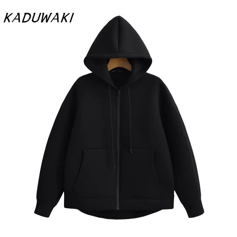 KADUWAKI American Retro Fall and Winter Zipper Hoodie High Street Unisex Style Double Pockets Oversized Loose Sweatshirt Jackets