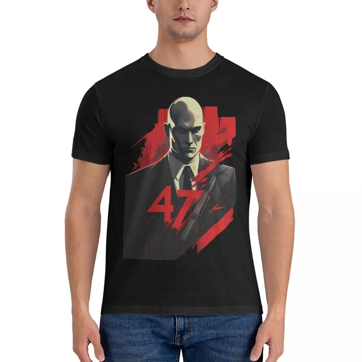 Agent 47 T Shirts for Men 100% Cotton Novelty T-Shirt O Neck H-Hitman Game Tees Short Sleeve Tops Gift Idea