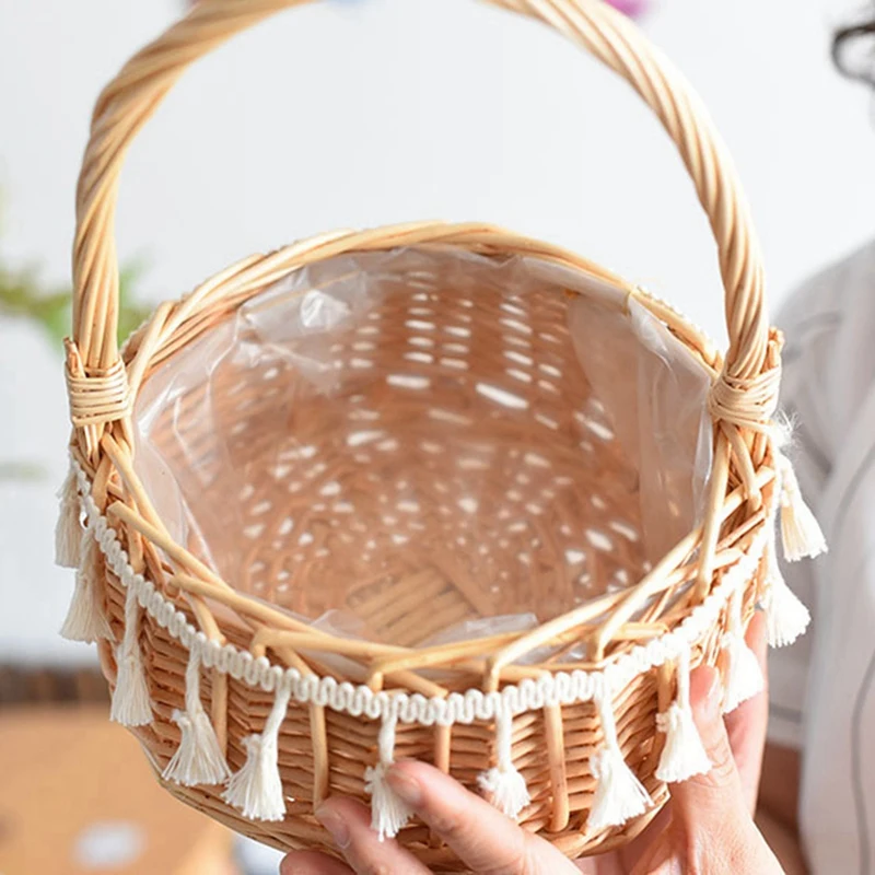 2X Woven Storage Basket And Ribbon Wedding Flower Girl Baskets Wicker Rattan Flower Basket For Home Garden Decor