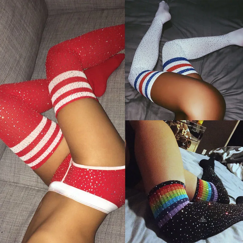 Rhinestone Long Stockings High-Stockings Crystal Glitter Thigh High Stockings Over Knee Socks Striped Student\'s Nylon Stockings