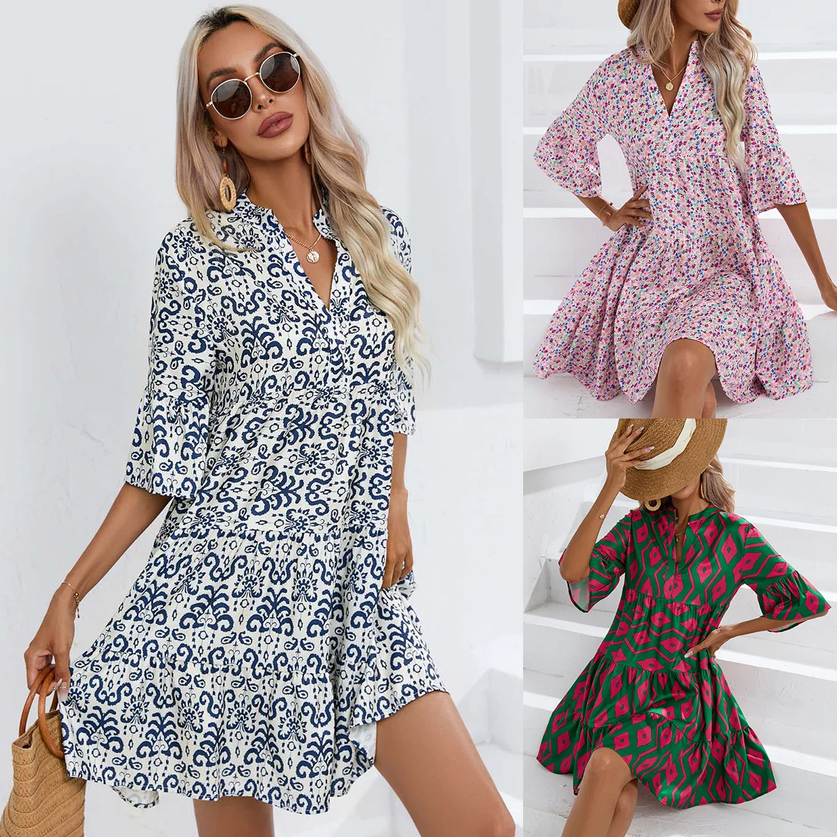 

2025 Summer Loose V-neck Casual Skirt European and American Women's Dress