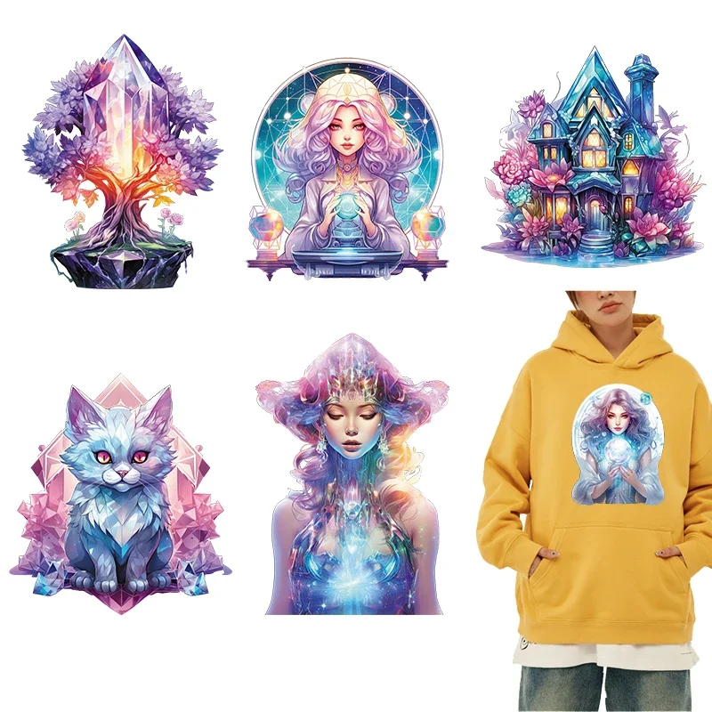 

Cartoon Crystal Oracle Priest Card DTF Thermo Sticker Decals Heat Transfer On Clothes Iron On Patch For Hoodies Press Printing