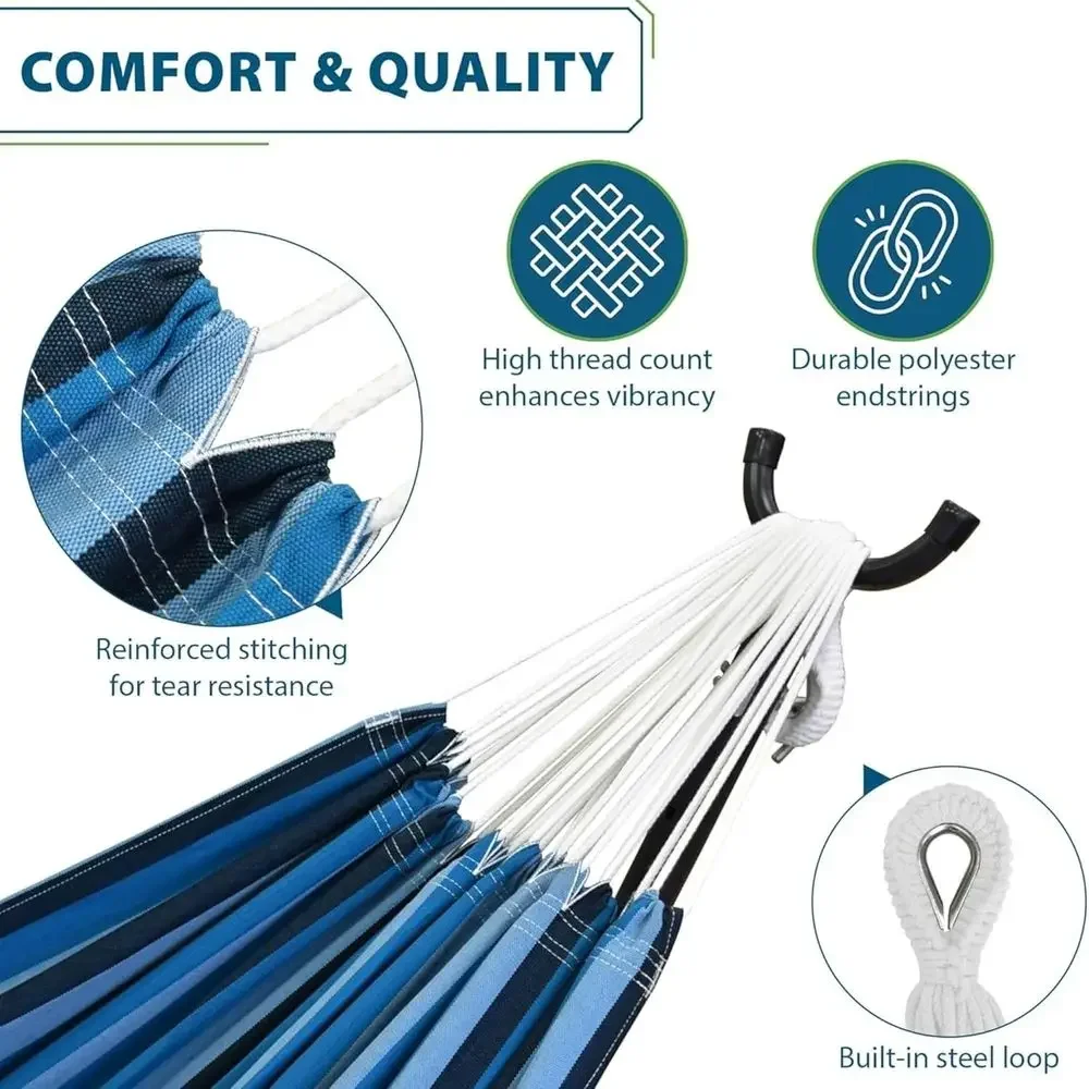 Space-Saving Steel Stand Hammock, 450 lb Capacity, Polyester End Strings, USA Cotton, Blue Lagoon