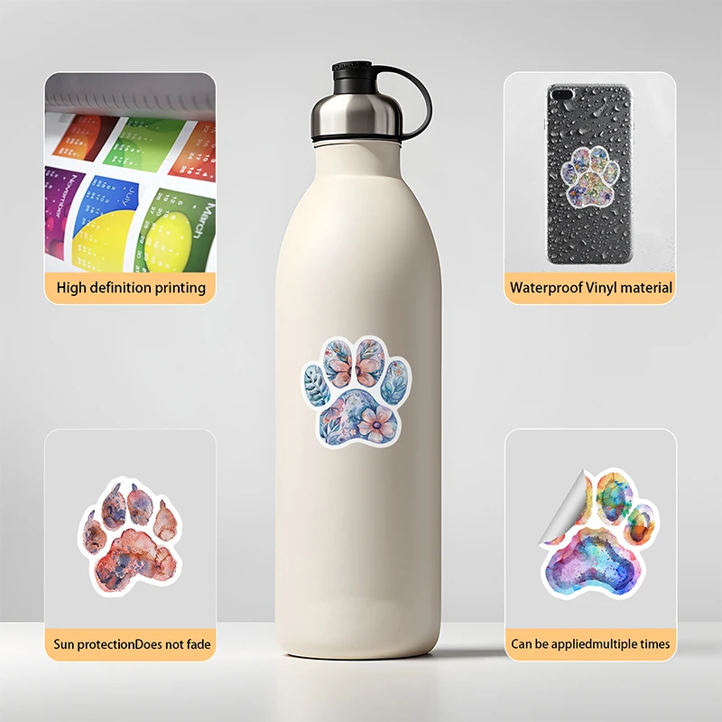 50Pcs Colorful Paw Print Stickers Waterproof Watercolor Decals DIY Decor For Laptop Guitar Suitcase Water Bottle Notebook Phone - view 3