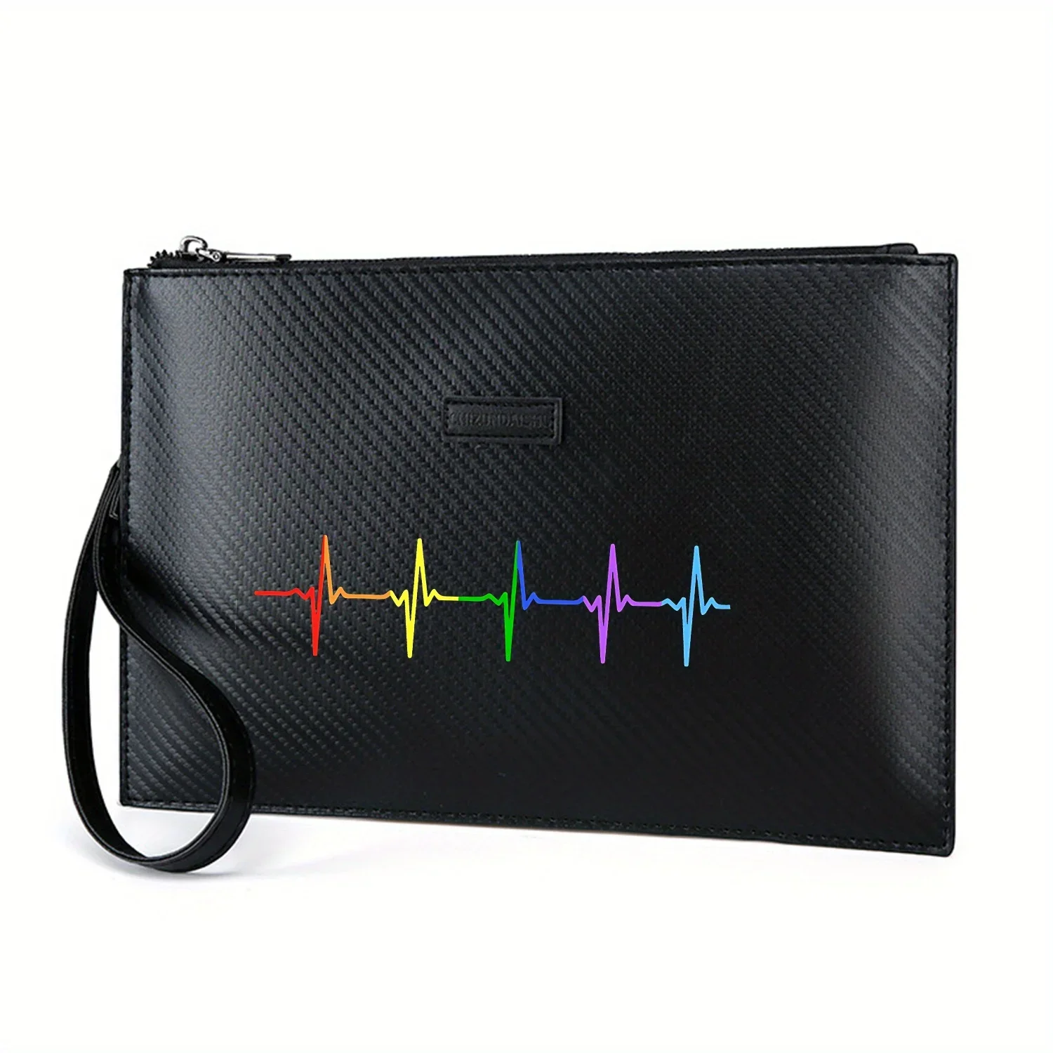 

Rainbow heartbeat lines on black Elegant Printed PU Men's Handbag Fashionable and Practical for Everyday Carry
