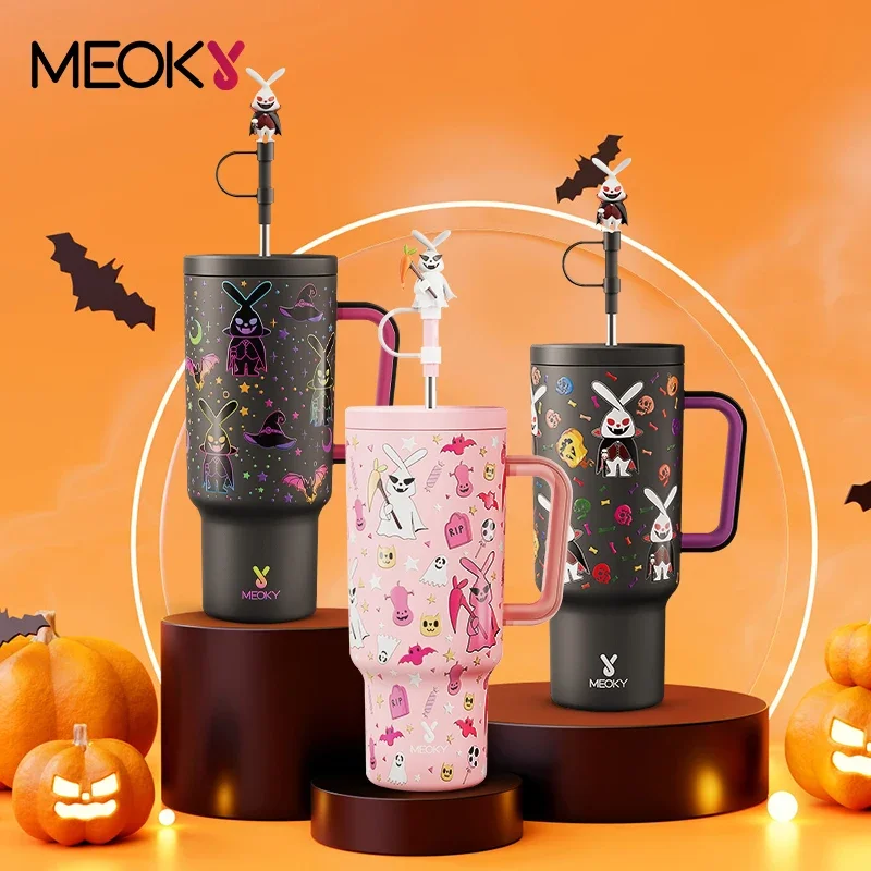 

Meoky 40oz Cup Tumbler Handle with Cute Straw Cup Halloween Stainless Steel Insulation Coffee Cup Vacuum Water Bottle Car Mug