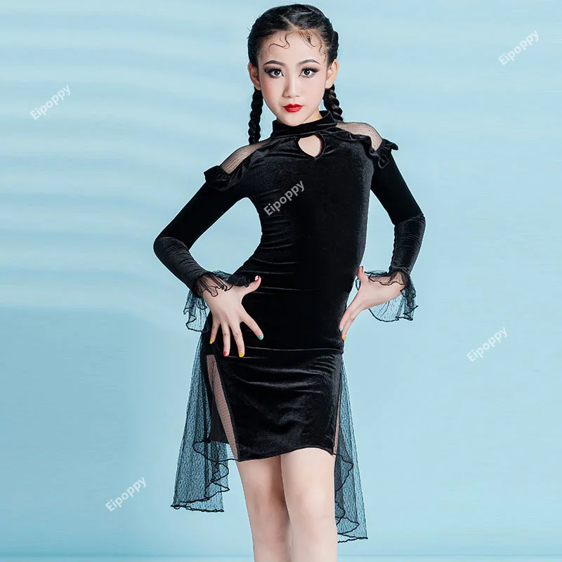 

Children's dance uniform girls' competition training uniform autumn and winter long sleeved set children's Latin dance velvet