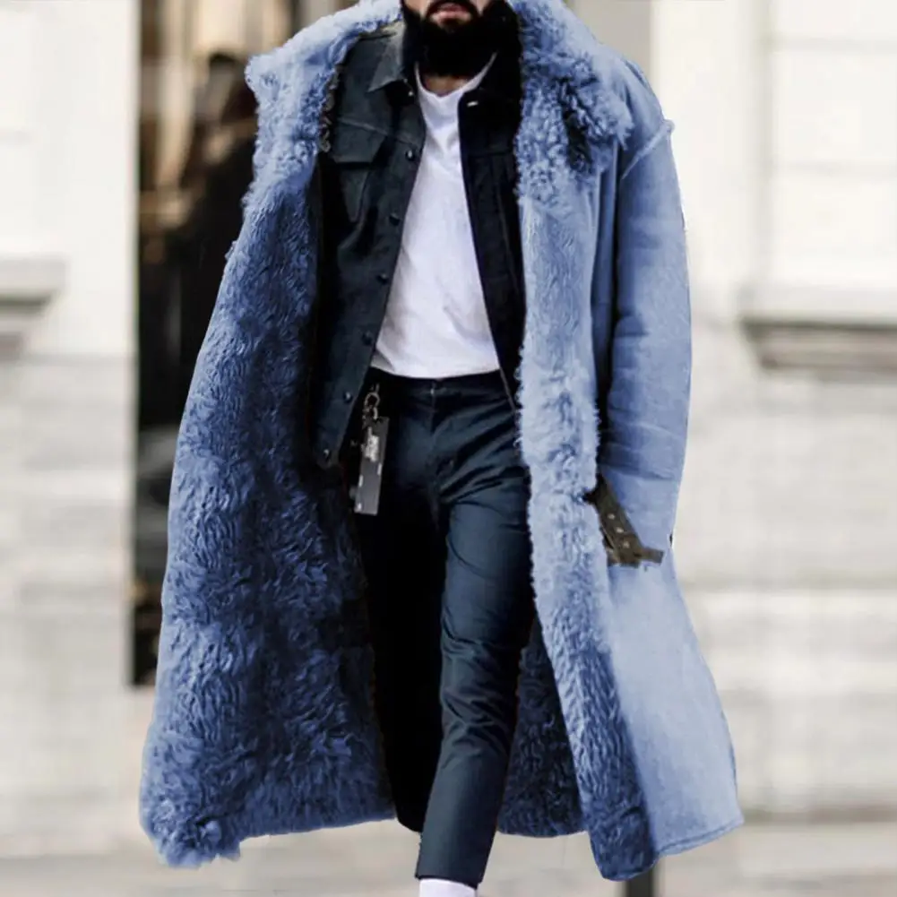 Trendy Men Winter Overcoat Midi Length Men Coat Faux Fur Colorfast Mid-calf Length Winter Overcoat Warm