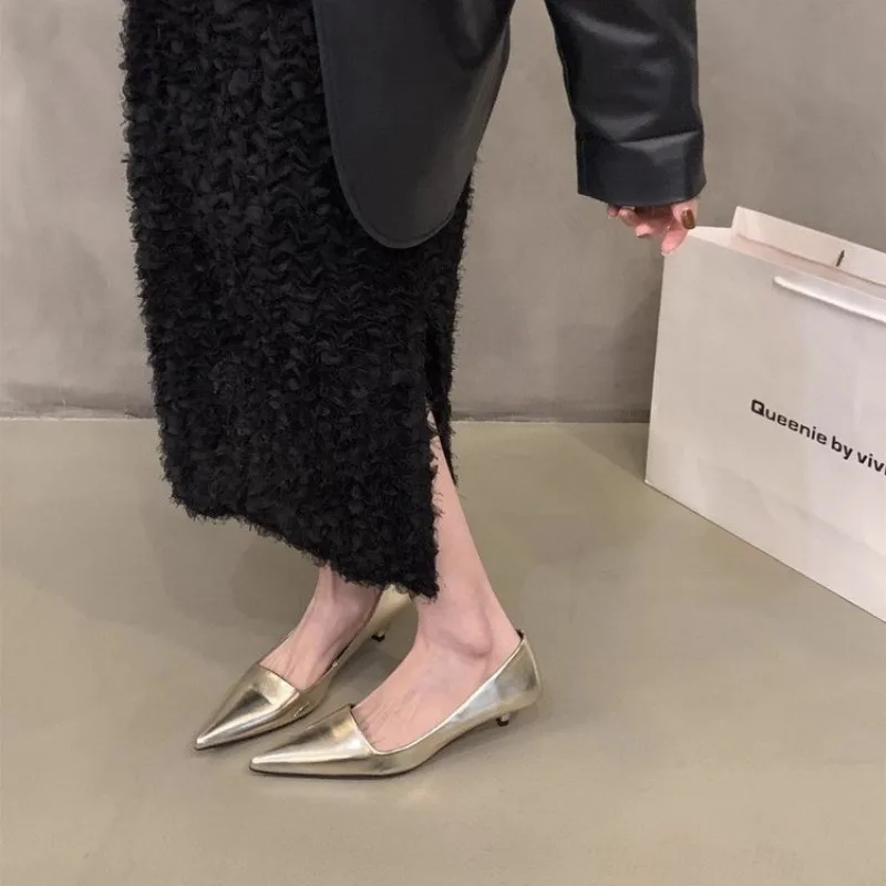 2024 New Women Low Kitten Heel Single Shoes,Fashion Low Heels,Out Slip on,35-39,Black,Gold,Silver, womens shoes gold heels
