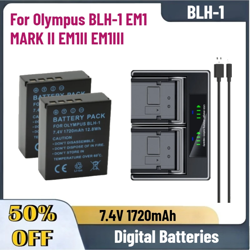 High-Quality New 7.4V 1720mAh BLH1 Lithium Battery for Olympus BLH-1 EM1 MARK II EM1II EM1III Camera Battery Persistent Standby