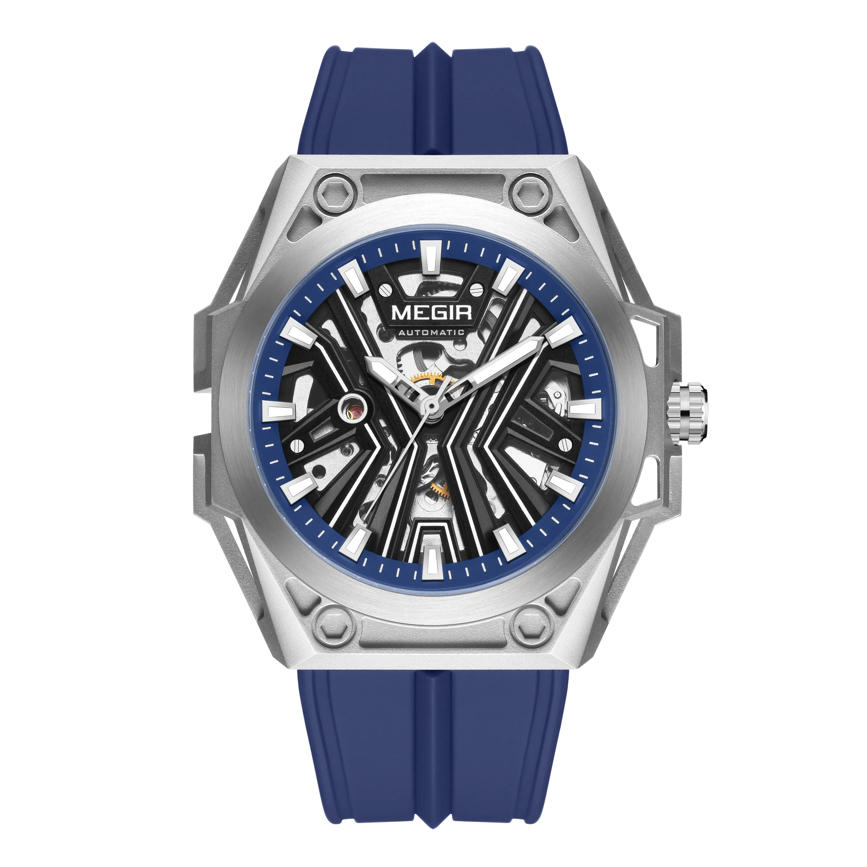 MEGIR New Stainless Steel Case Skeleton Mechanical Watch Waterproof Luminous Men Fully Automatic Wristwatch Silicone Strap Watch