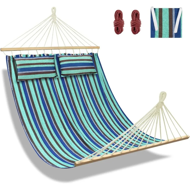 

Double Quilted Fabric Hammock, 57’’x78’’ 2 Person Outdoor Hammock with Hardwood Spreader Bar and 2 Pillows