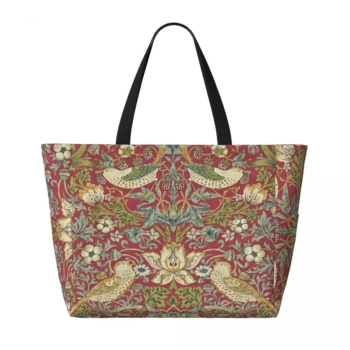 Custom William Morris Strawberry Thief Red Beach Tote Bag Women Floral Textile Pattern Large Compartment Gym Beach Travel Bags