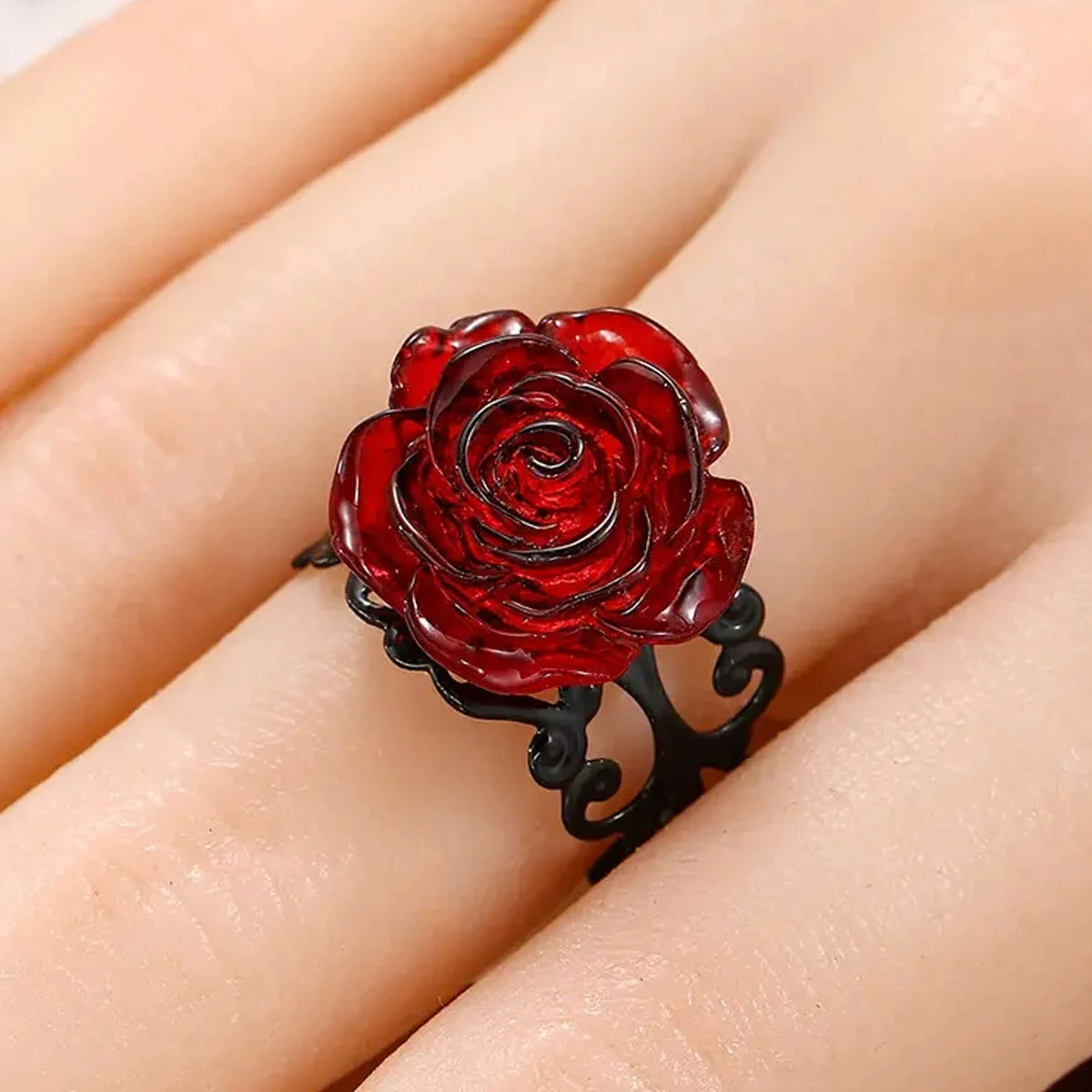Punk Gothic Red Rose Ring Ornate Black Vine Witch Pagan Vintage Creative Halloween Cool Girl Gift Party Jewelry image 5