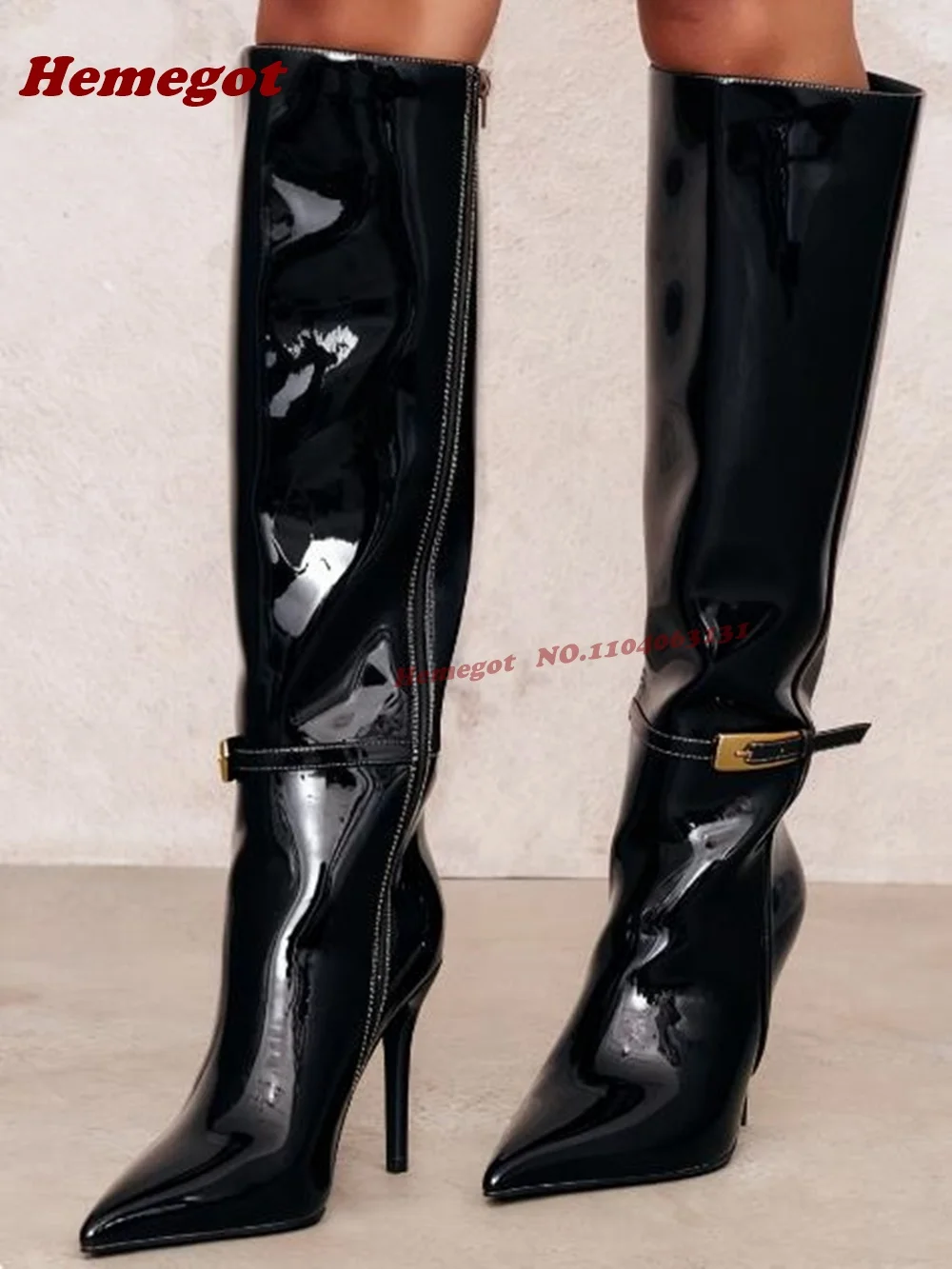 

Бордовые лакированные сапоги до колена с пряжками, блестящие женские сапоги с острым носком и боковой молнией, повседневная обувь на шпильке в стиле ретро с зеркалом