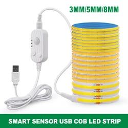 Fita LED USB COB com sensor de movimento PIR, alta densidade, fita, luzes de corda, fita FOB flexível, 3000K-6000K, 3mm, 5mm, 8mm, 320LEDs/m