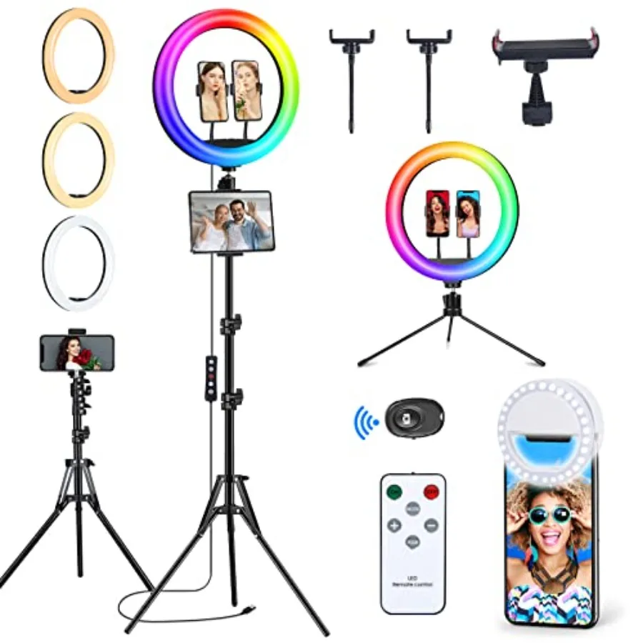 

13" Selfie Ring Light with 63" Stand and 3 Phone Holder, 53 Lighting Modes, iPad Holder, Remote, Desk Tripod, RGB