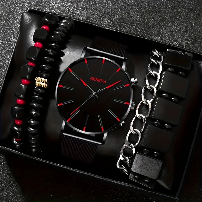 

5pcs/set, Fashionable Mesh Strap Business Men's Quartz Watch & Daily Bracelet Set