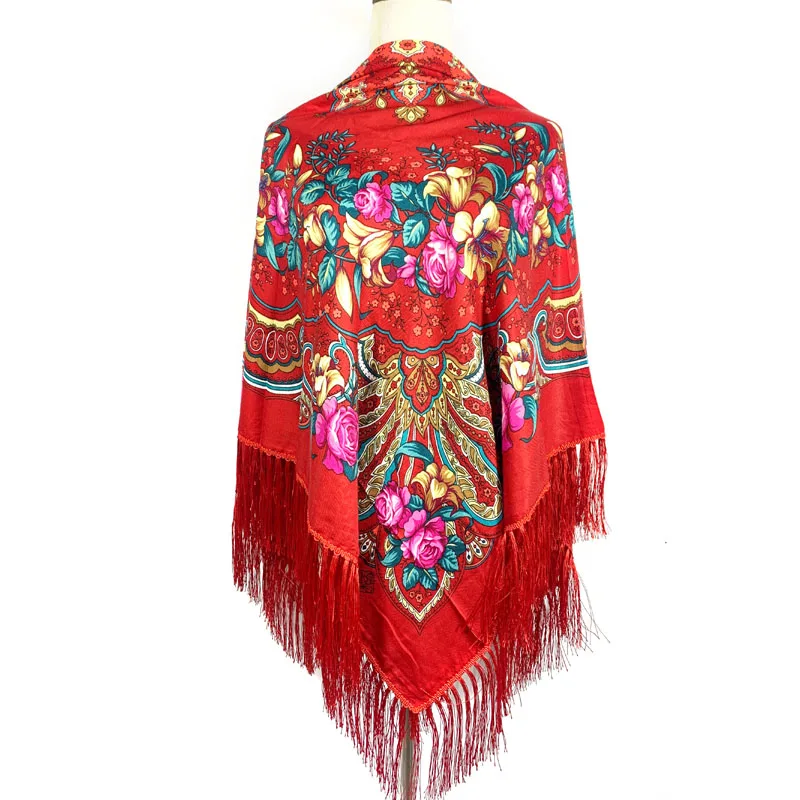 135*135cm New Design Women Russian National Square Scarf Ukrainian Fringed Handkerchief Ethnic Shawls Babushka Head Wraps