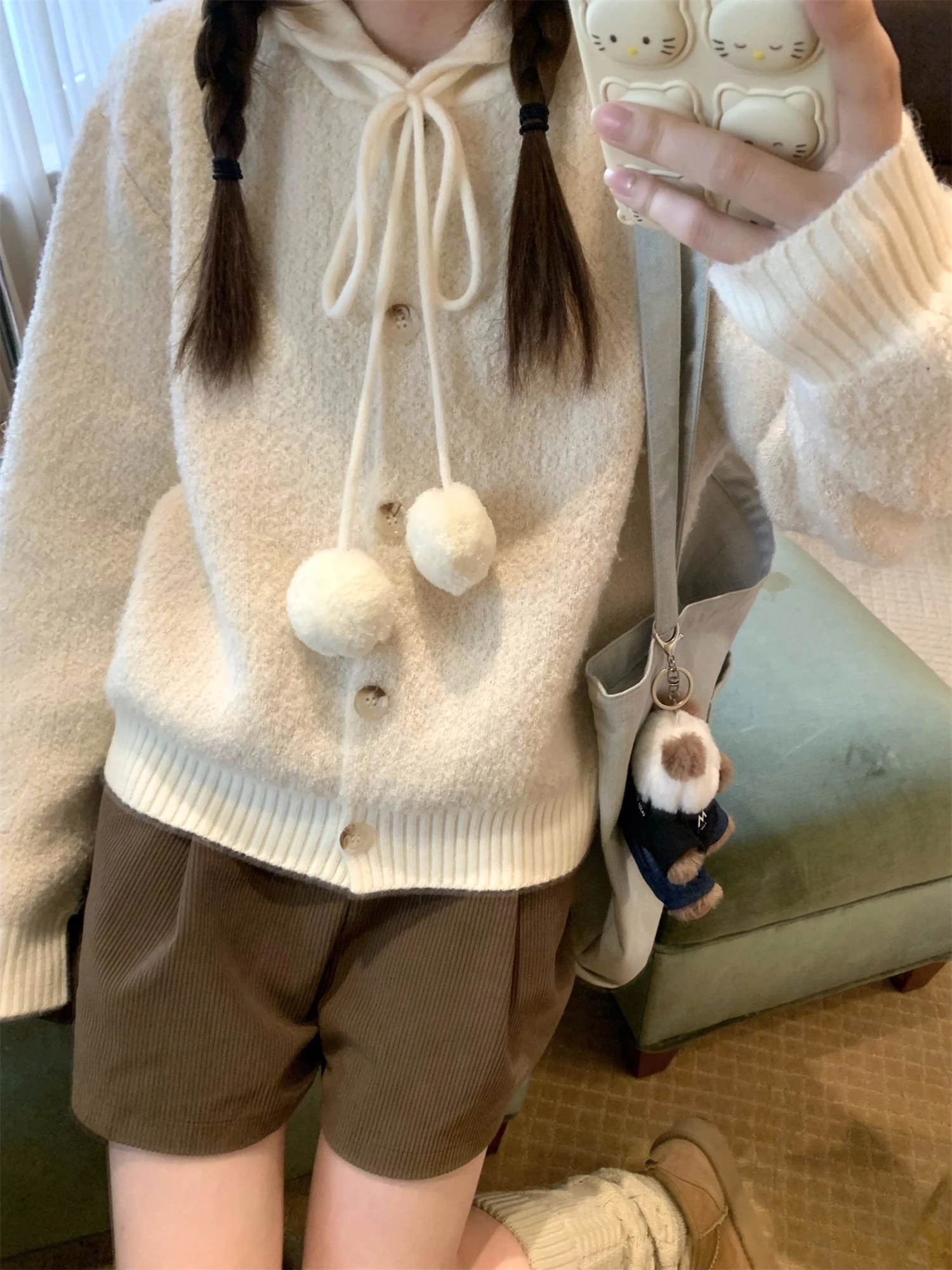 

Милый женский вязаный кардиган-худи с принтом овечки, свободный крой, длинный рукав, зимний, стандартная длина