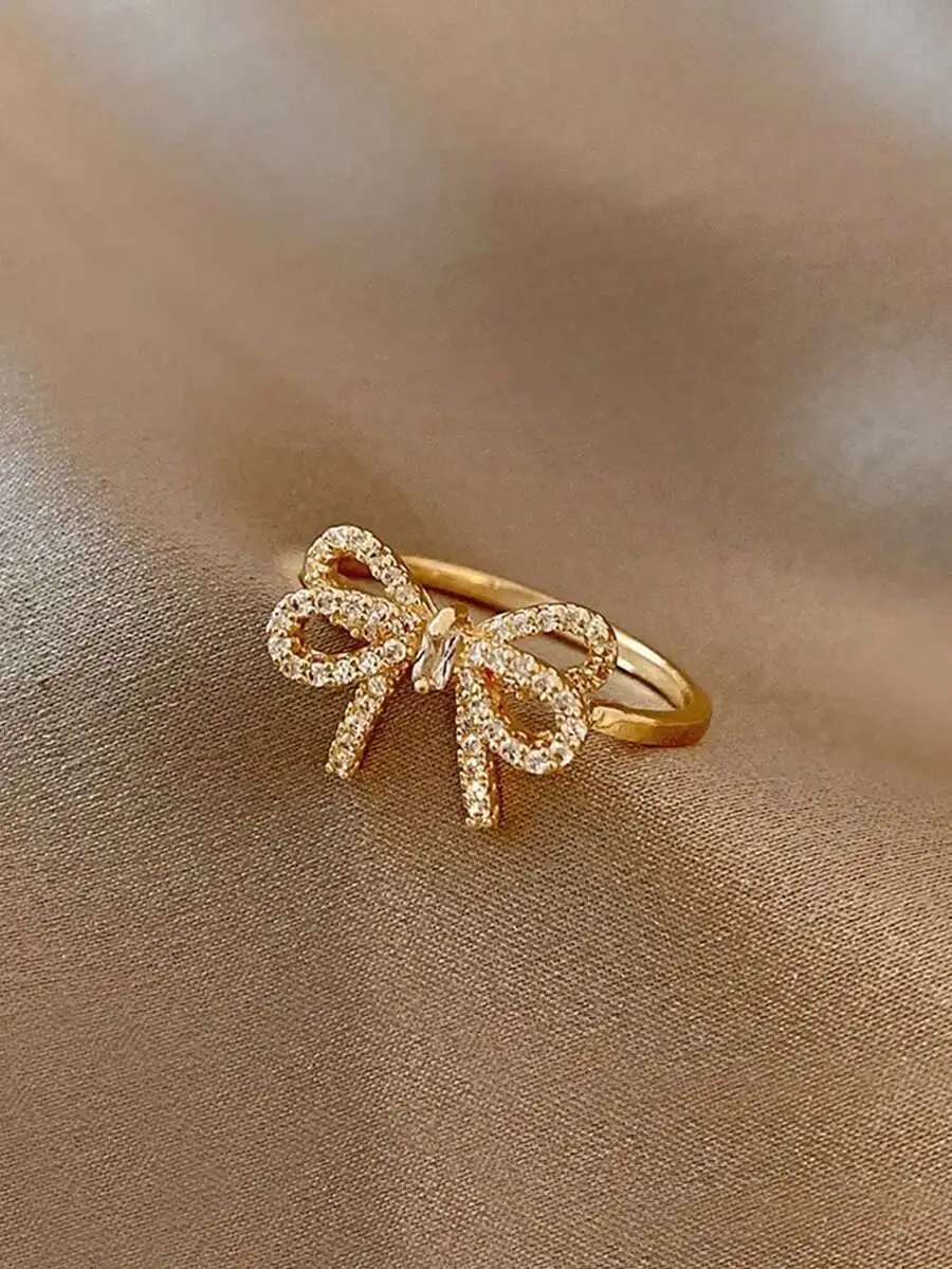 1pc Fashionable Personalized Sweet Creative Design Micro-Inlaid Cubic Zirconia Bowknot Open Ring Valentines, Mom, Mother, Mother