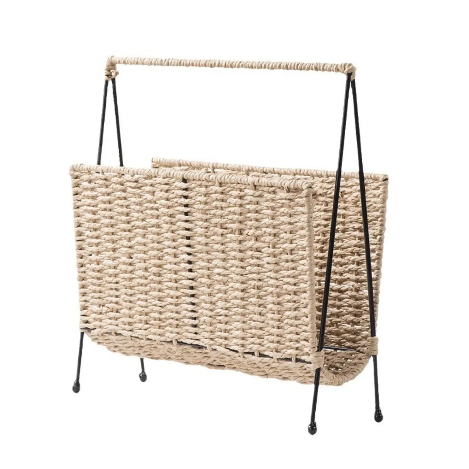 Paper Rope Storage Basket with Handle Handwoven Magazine Holder Organizer Basket Slim Depth for Narrow Gaps