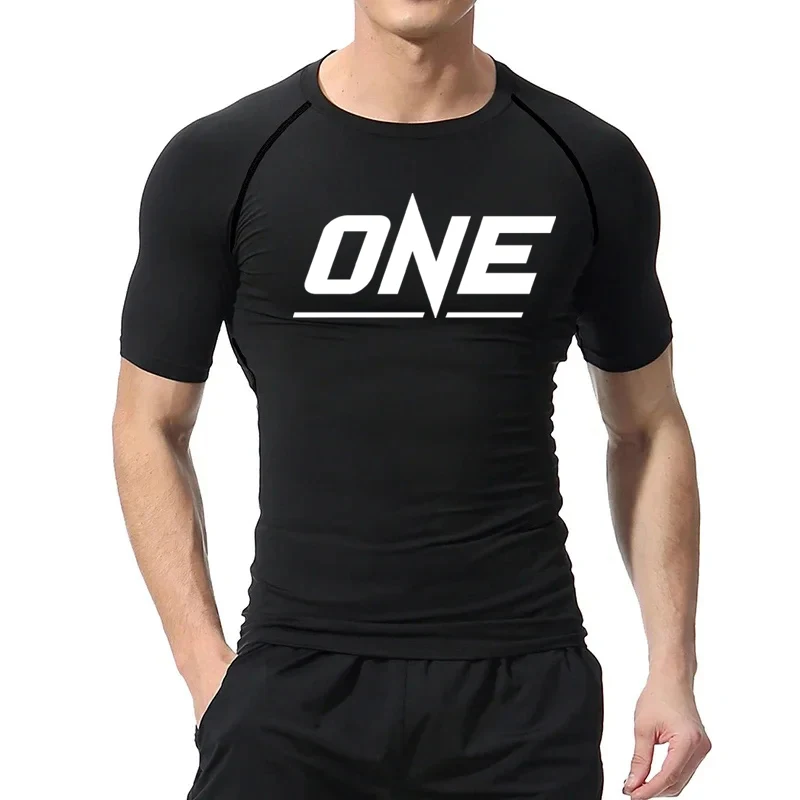 ONE Men's Short Sleeve Compression T-Shirts MMA Fighting Sportswear Running Fitness Rash Prevention Male Gym Training T-shirt