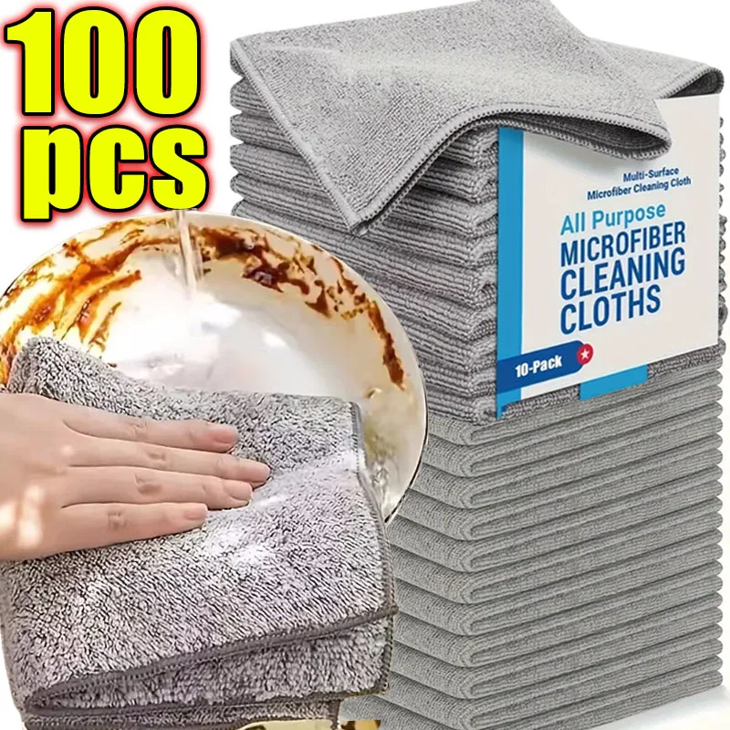 1/100PCS Gray Bamboo Charcoal Thickened Super Absorbent Dishcloth Anti-grease Kitchen Wiping Rags Microfiber Cleaning Cloths